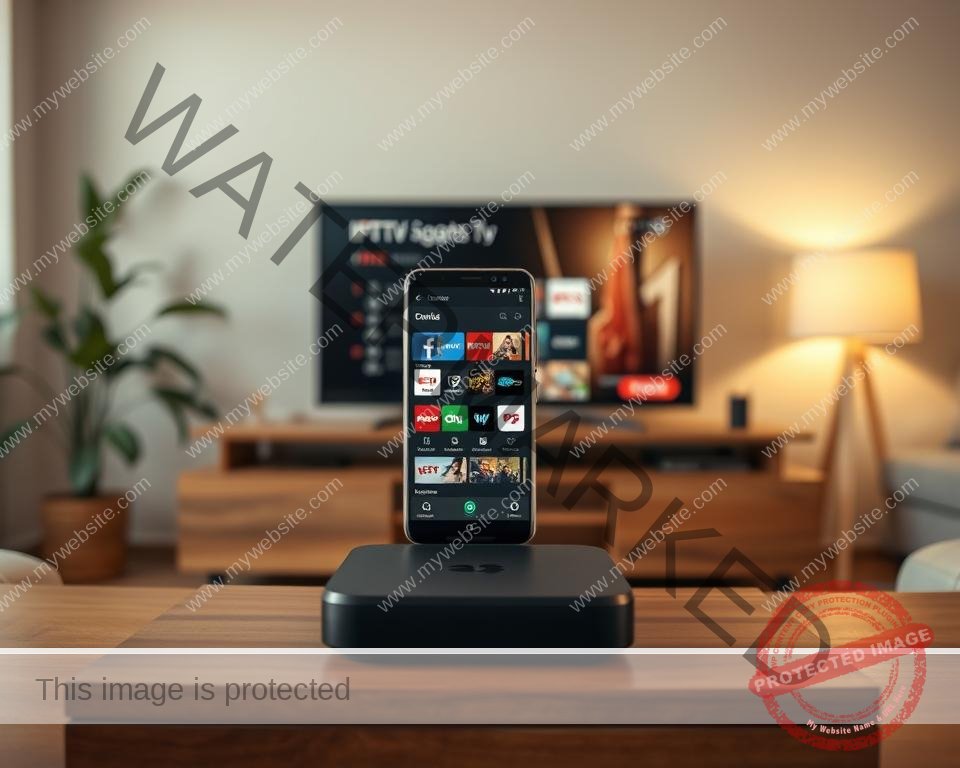 A budget-friendly IPTV service in a cozy, modern living room setting. In the foreground, a sleek Android TV box sits atop a minimalist wooden TV stand, its simple yet elegant design reflecting the affordable nature of the service. In the middle ground, a smartphone or tablet displays the IPTV service's user interface, showcasing its user-friendly navigation and extensive channel selection. The background features a warm, diffused lighting that creates a relaxed atmosphere, with subtle hints of greenery and natural textures to evoke a sense of comfort and affordability. The overall composition conveys the idea of an accessible, high-quality IPTV experience that fits within a tight budget. A budget-friendly IPTV service in a cozy, modern living room setting. In the foreground, a sleek Android TV box sits atop a minimalist wooden TV stand, its simple yet elegant design reflecting the affordable nature of the service. In the middle ground, a smartphone or tablet displays the IPTV service's user interface, showcasing its user-friendly navigation and extensive channel selection. The background features a warm, diffused lighting that creates a relaxed atmosphere, with subtle hints of greenery and natural textures to evoke a sense of comfort and affordability. The overall composition conveys the idea of an accessible, high-quality IPTV experience that fits within a tight budget.
