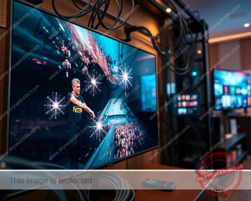 A cinematic close-up of a high-quality IPTV streaming service, showcasing a vibrant, crystal-clear display with sharp details and vivid colors. The foreground features a sleek, modern smart TV interface, with a smooth, responsive playback of a high-definition video. The middle ground captures the underlying network infrastructure, with data streams flowing seamlessly through a web of cables and routers, conveying the reliable, low-latency performance. The background subtly hints at the diverse content available, with hints of popular TV shows, movies, and live channels. The overall scene is bathed in a warm, inviting lighting, creating a sense of immersion and technological sophistication.