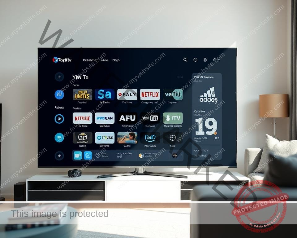 A clean, minimalist image of a UK IPTV service interface. Showcasing a sleek user dashboard with a grid of popular live TV channels, on-demand content, and subscription management tools. The interface has a modern, monochromatic design with subtle blue and grey accents. Bright, natural lighting illuminates the scene, creating a sense of openness and transparency. The composition places the UI front and center, with a blurred background hinting at a comfortable, living room-style environment. The overall mood is professional, trustworthy, and accessible, reflecting the legal and compliant nature of the IPTV service.