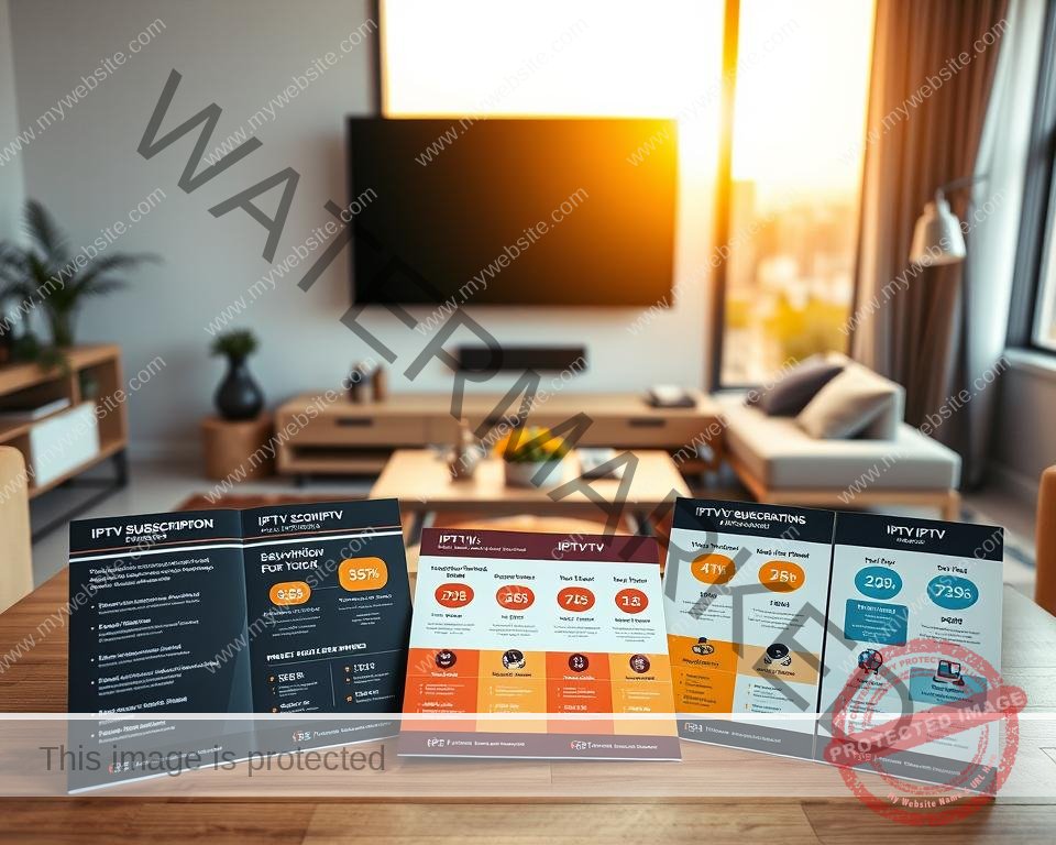 A clean, modern interior with a large flat-screen TV mounted on the wall. In the foreground, a coffee table displays various IPTV subscription plan brochures, each showcasing its unique features and pricing tiers through sleek infographic layouts. The middle ground shows a comfortable living room setup with minimalist furniture and tasteful decor, creating a sense of domestic tranquility. The background features a large window overlooking a vibrant city skyline, bathed in warm, golden natural lighting that filters through the scene. The overall composition conveys a sense of informative clarity and domestic comfort, inviting the viewer to explore the available IPTV options for their home entertainment needs.