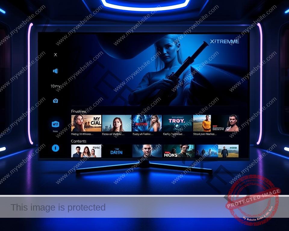 A clean, modern user interface for Xtreme HD UK IPTV, featuring a sleek dark theme with bold blue accents. In the foreground, a widescreen TV display showcases the intuitive menu navigation, with sharp icons and typography. The middle ground features a row of content categories, with high-definition video thumbnails and crisp imagery. The background hints at a futuristic, high-tech ambiance, with subtle lighting and a sense of depth, creating an immersive and visually striking experience. The overall impression is one of a powerful, cutting-edge IPTV platform that prioritizes user-friendliness and visual appeal.