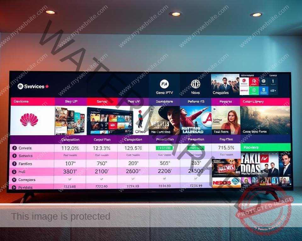 A comprehensive side-by-side comparison of the top IPTV providers in the UK, showcased in a sleek, modern layout. The foreground features distinct service icons, subscription plan details, and performance metrics presented in a clean grid format. The middle ground displays product screenshots and UI elements, highlighting the user experience. The background showcases the diverse content libraries and device compatibility, creating a sense of the providers' capabilities. The lighting is warm and balanced, with a soft focus that draws the eye to the key details. The overall mood is informative, yet visually appealing, guiding the viewer through the UK IPTV market landscape.