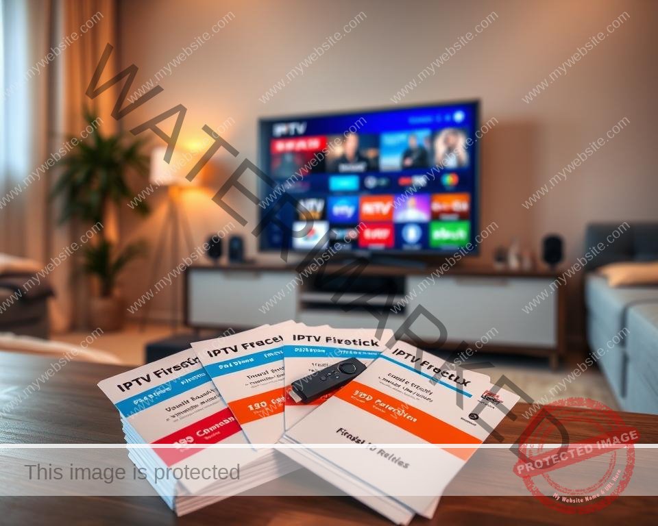 A cozy living room setting, with a Firestick device prominently displayed on a sleek media console. The room is bathed in warm, diffused lighting, creating a welcoming atmosphere. In the foreground, a stack of budget-friendly IPTV subscription cards with various pricing options and service details are neatly arranged, showcasing the affordability and accessibility of these streaming solutions for UK Firestick users. The middle ground features a compact, high-quality television screen displaying a visually appealing IPTV interface, hinting at the extensive content and reliable performance these budget-friendly options can provide. The background subtly suggests a modern, minimalist home decor style, emphasizing the seamless integration of these IPTV services into the everyday living space.