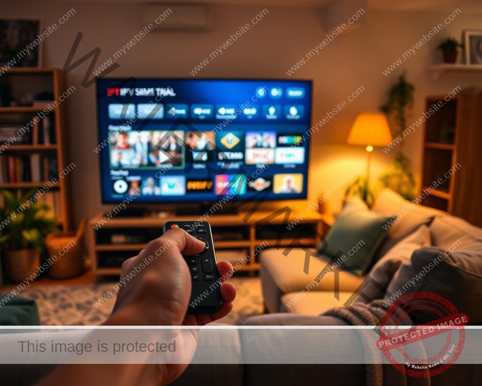 A cozy living room with a comfortable sofa and a large TV screen displaying an IPTV user interface. The screen shows a variety of streaming channels and on-demand content options. In the foreground, a person's hand is holding a remote control, ready to explore the free trial. Warm, inviting lighting illuminates the scene, creating a relaxed and enjoyable atmosphere. The background features a bookshelf and potted plants, adding a sense of homeliness. The overall composition conveys the ease and convenience of experiencing a free IPTV trial in the comfort of one's own space.