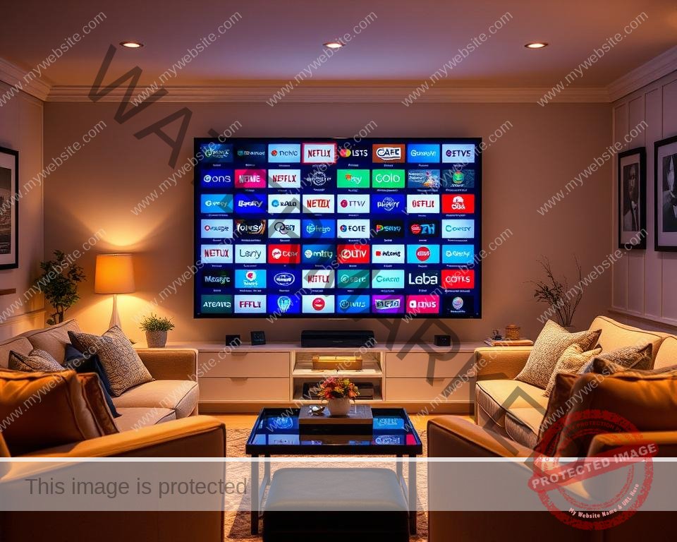 A cozy living room with a large flat-screen TV displaying a diverse array of IPTV channels from the UK. The TV is surrounded by comfortable sofas and armchairs, creating a inviting atmosphere. Warm, diffused lighting illuminates the scene, casting a soft glow on the various channel logos and program thumbnails displayed on the screen. The room is adorned with subtle decor elements, such as potted plants and framed artwork, that complement the modern, yet homely ambiance. The overall composition conveys a sense of relaxation and enjoyment, perfectly capturing the "Extensive Channel Lineup: What We Offer" section of the article.