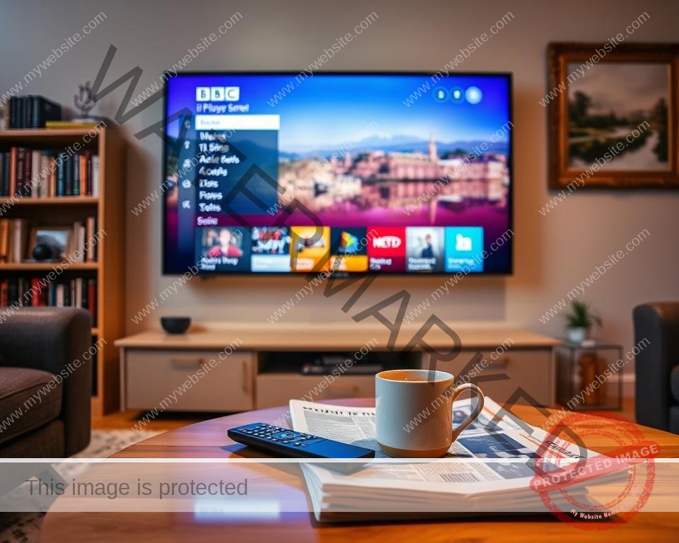 A cozy living room with a large flat-screen TV mounted on the wall, displaying a vibrant BBC iPlayer interface. Soft, warm lighting illuminates the room, creating a welcoming atmosphere. On the coffee table in the foreground, a sleek remote control and a mug of steaming tea sit alongside a newspaper, hinting at the quintessential British lifestyle. In the background, a bookshelf filled with classic novels and a framed landscape painting add depth and character to the scene. The overall composition conveys a sense of comfort, relaxation, and the joy of accessing high-quality British television content from the comfort of one's own home.