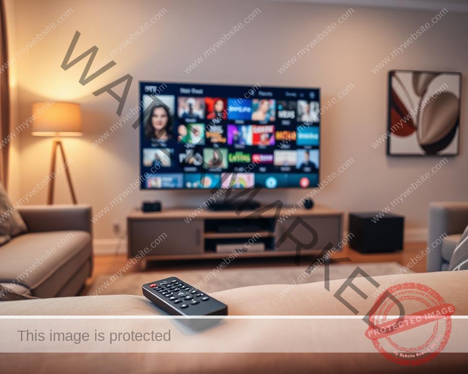 A cozy living room with a large flat-screen TV taking center stage, displaying an array of on-demand content from a UK IPTV service. The room is bathed in warm, soft lighting, creating a welcoming atmosphere. In the foreground, a sleek remote control lies on a plush, neutral-toned sofa, hinting at the user's ability to easily navigate the extensive library of shows, movies, and live channels. The middle ground features a modern, minimal entertainment unit housing various media devices, while the background showcases a tasteful piece of abstract art on the wall, complementing the room's overall aesthetic. The scene conveys a sense of comfort, convenience, and the wealth of entertainment options available through the UK IPTV service.