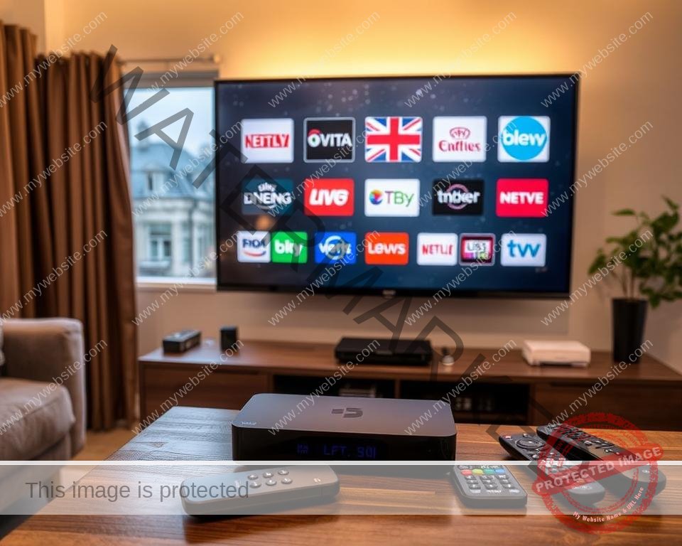 A cozy living room with a large flatscreen TV mounted on the wall, displaying various UK TV channel logos. In the foreground, a sleek streaming device rests on a wooden TV stand, surrounded by remote controls and a smartphone. The room is illuminated by warm, soft lighting, creating a inviting atmosphere. Through the window in the background, a rainy British cityscape is visible, emphasizing the ability to access UK channels from anywhere. The overall scene conveys the convenience and accessibility of streaming British TV content. A cozy living room with a large flatscreen TV mounted on the wall, displaying various UK TV channel logos. In the foreground, a sleek streaming device rests on a wooden TV stand, surrounded by remote controls and a smartphone. The room is illuminated by warm, soft lighting, creating a inviting atmosphere. Through the window in the background, a rainy British cityscape is visible, emphasizing the ability to access UK channels from anywhere. The overall scene conveys the convenience and accessibility of streaming British TV content.