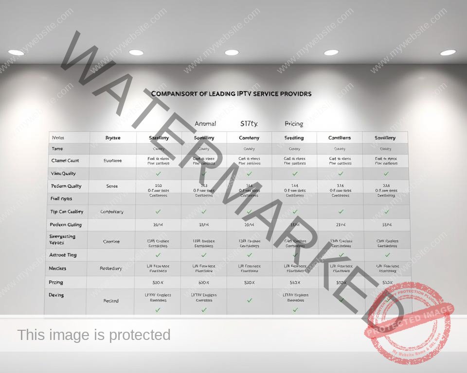 A crisp, minimalist comparison chart showcasing key details of leading IPTV service providers. Rendered in a clean, modern style with a neutral color palette. The chart layout is structured and grid-like, highlighting service features such as channel count, video quality, device compatibility, and pricing in a clear, easy-to-digest format. The overall aesthetic is professional and informative, complementing the subject matter. Bright, evenly distributed lighting illuminates the chart from multiple angles, creating depth and dimensionality. The camera angle provides a slight bird's-eye view, giving the viewer a comprehensive overview of the data presented.