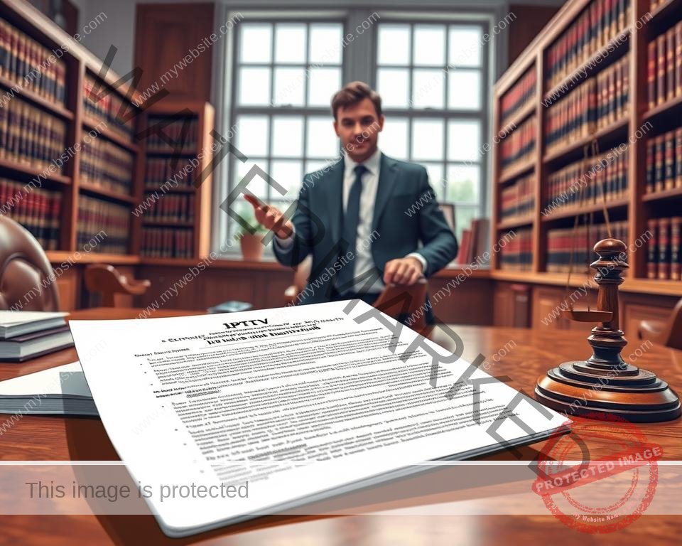A detailed and authoritative legal illustration depicting the key considerations for IPTV usage in the UK. Set in a modern law office interior, with a large window illuminating the scene. In the foreground, a legal document with UK statutes and regulations relevant to IPTV is prominently displayed on a wooden desk. In the middle ground, a person in formal attire, presumably a lawyer, is gesturing towards the document, conveying the importance of understanding the legal landscape. The background features bookshelves filled with law volumes, suggesting the depth of research and expertise required. The overall mood is one of professionalism, legality, and attention to detail - reflecting the serious nature of the legal concerns surrounding IPTV in the UK.