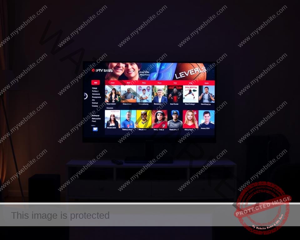 A dimly lit living room set, with a cozy atmosphere and a sleek, modern TV stand as the centerpiece. On the screen, a diverse array of IPTV UK trial content is displayed - a mix of live news, sports, movies, and television shows, all rendered in vibrant, high-definition colors. The room is illuminated by a warm, soft light, creating a welcoming and inviting ambiance. The overall scene conveys a sense of entertainment, relaxation, and the freedom to explore a wealth of content during an IPTV UK trial.