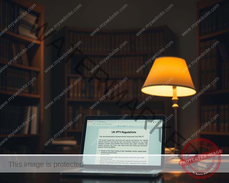 A dimly lit office interior, wooden shelves lining the walls, showcasing law books and documents. In the foreground, a laptop displays UK IPTV regulations, its screen illuminated by a warm desk lamp. The background is hazy, creating a sense of focus on the relevant legal information. Muted tones of brown and gray dominate the scene, conveying a somber, authoritative atmosphere. The lighting is subtle, casting soft shadows that add depth and drama to the composition.