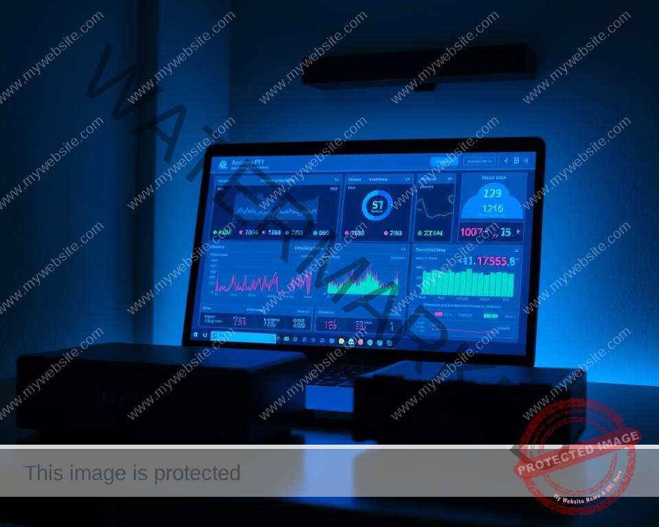 A dimly lit room, a desk with a laptop displaying a comprehensive IPTV streaming quality test dashboard. The screen shows real-time data visualizations of bitrate, resolution, frame rate, latency, and other key performance metrics. The display is bathed in a cool blue glow, casting dramatic shadows across the desktop. A modern, high-end video capture device sits alongside the laptop, its sleek metallic casing gleaming under the soft lighting. The overall scene conveys a sense of technical expertise and in-depth analysis, perfectly suited to illustrate the "Streaming Quality and Performance Analysis" section of the article.