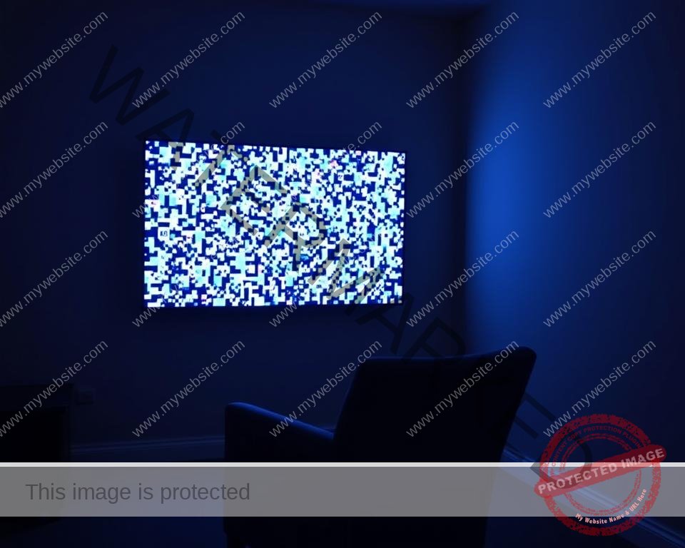 A dimly-lit room, the glow of a television screen illuminating the space. On the screen, a digital mosaic of pixelated images, indicating poor IPTV streaming quality. The room is sparsely furnished, with a single armchair facing the TV. The walls are a neutral tone, creating a sense of simplicity and focus. The lighting is soft, creating a moody atmosphere. The camera angle is slightly elevated, capturing the scene from a slightly above eye-level perspective, emphasizing the prominence of the TV screen. A dimly-lit room, the glow of a television screen illuminating the space. On the screen, a digital mosaic of pixelated images, indicating poor IPTV streaming quality. The room is sparsely furnished, with a single armchair facing the TV. The walls are a neutral tone, creating a sense of simplicity and focus. The lighting is soft, creating a moody atmosphere. The camera angle is slightly elevated, capturing the scene from a slightly above eye-level perspective, emphasizing the prominence of the TV screen.