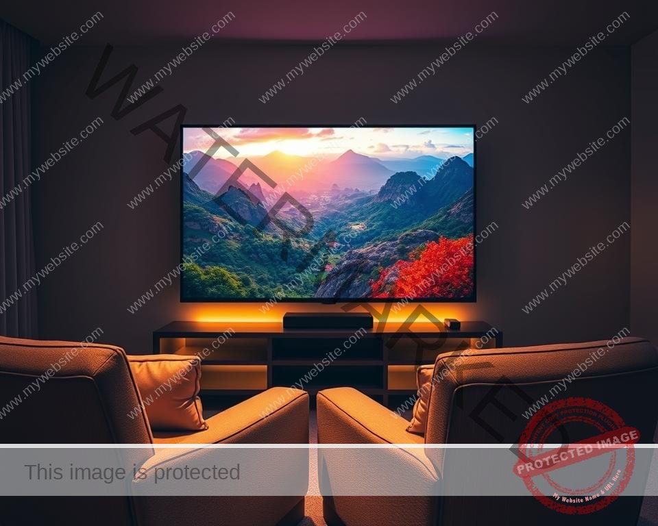 A dimly lit room with a large 4K Ultra HD television screen displaying a vibrant, high-quality IPTV stream. The screen showcases a lush, cinematic landscape with vivid colors and intricate details. Soft, warm lighting illuminates the scene, creating a cozy and immersive atmosphere. The television is placed on a sleek, modern entertainment stand, surrounded by subtle ambient lighting that enhances the viewing experience. In the foreground, a pair of comfortable, plush armchairs invite the viewer to sit back and enjoy the captivating 4K Ultra HD IPTV streaming.