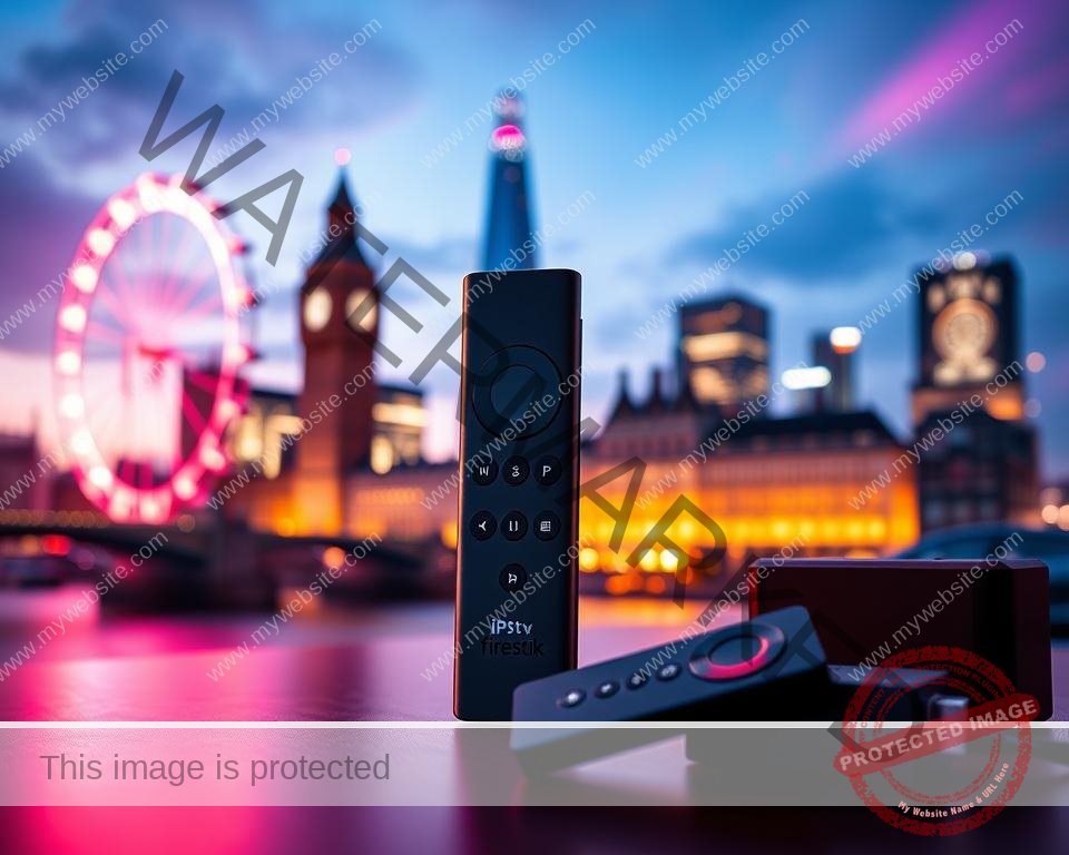 A futuristic IPTV setup with a sleek Firestick device against a backdrop of the iconic London skyline. The Firestick is showcased prominently, surrounded by cutting-edge technology and vibrant neon lights that accentuate its modern design. The scene conveys a sense of innovation and connectivity, capturing the essence of the best IPTV solutions available in the UK. Warm, cinematic lighting casts a soft glow, creating an atmosphere of comfort and entertainment. The overall composition is balanced, with a focus on the Firestick as the central element, while the cityscape in the background provides a visually striking contrast.