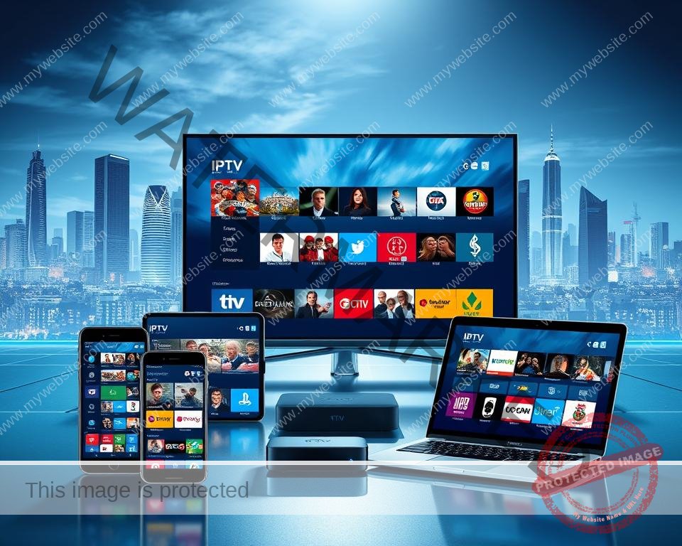 A futuristic digital landscape with various high-tech devices seamlessly displaying a diverse array of UK IPTV channels. The scene features a sleek, minimalist design with a cool, vibrant color palette. In the foreground, a cutting-edge smartphone, tablet, and smart TV are positioned prominently, their screens showcasing a vibrant selection of popular UK channels. The middle ground showcases a laptop and streaming box, further highlighting the device compatibility. In the background, a stunning cityscape with skyscrapers and a futuristic skyline sets the scene, emphasizing the modern, technology-driven nature of IPTV. The lighting is crisp, directional, and dramatic, casting shadows that accentuate the smooth, angular forms of the devices. The overall atmosphere conveys a sense of innovation, connectivity, and the seamless integration of IPTV across multiple platforms.