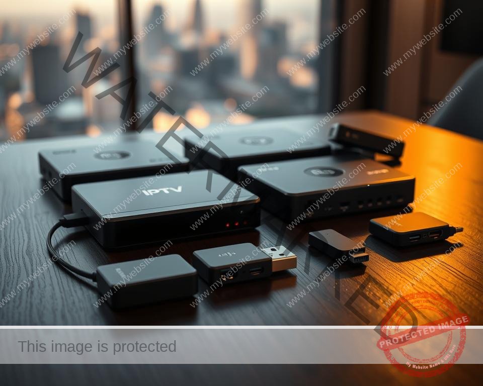 A group of IPTV set-top boxes and USB dongles lying on a dark wooden table, illuminated by warm, diffused lighting. The devices are arranged in a visually appealing layout, showcasing their various shapes, sizes, and connectivity options. In the background, a blurred cityscape or abstract geometric shapes create a minimalist, high-tech atmosphere, complementing the technical nature of the subject matter. A group of IPTV set-top boxes and USB dongles lying on a dark wooden table, illuminated by warm, diffused lighting. The devices are arranged in a visually appealing layout, showcasing their various shapes, sizes, and connectivity options. In the background, a blurred cityscape or abstract geometric shapes create a minimalist, high-tech atmosphere, complementing the technical nature of the subject matter.