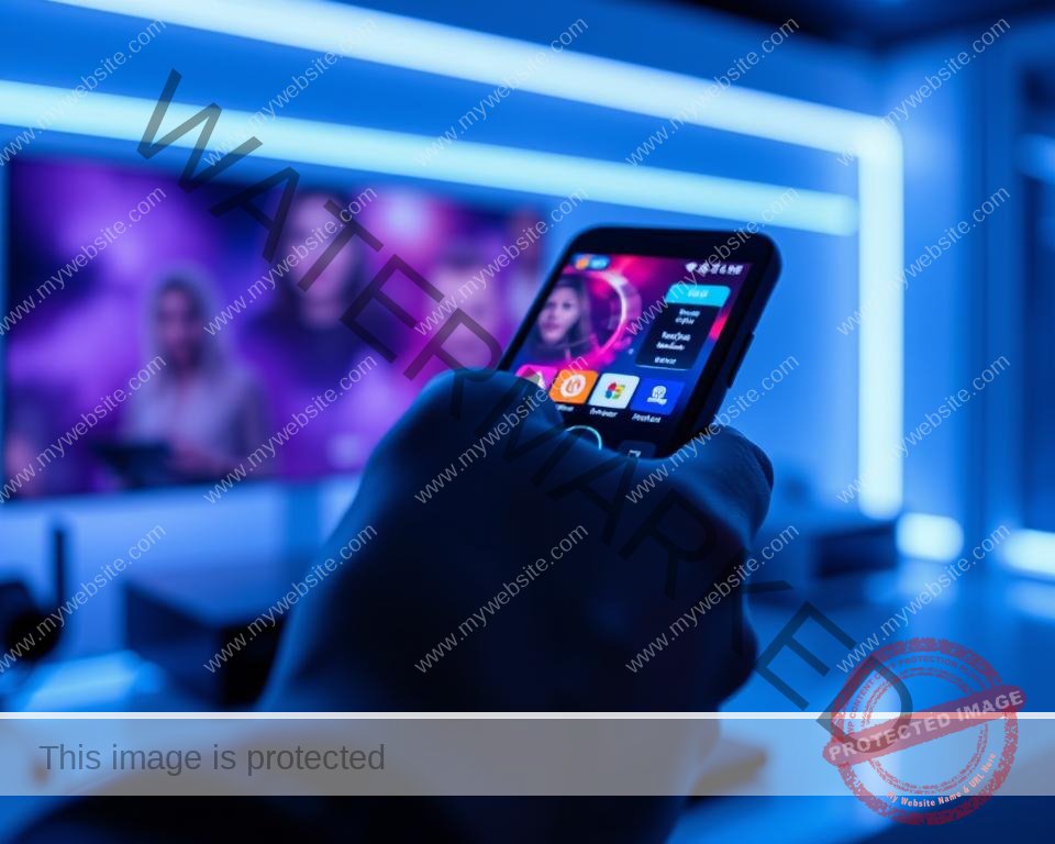 A high-contrast, cinematic image of a person's hand holding a remote control or smartphone, with a colorful, futuristic IPTV interface displayed on the device's screen. The scene is bathed in cool, blue-tinted lighting, creating a sleek, modern atmosphere. The background is blurred, with hints of a minimalist, high-tech setting. The composition emphasizes the ease and accessibility of accessing a free IPTV trial in the UK, conveying a sense of excitement and discovery.
