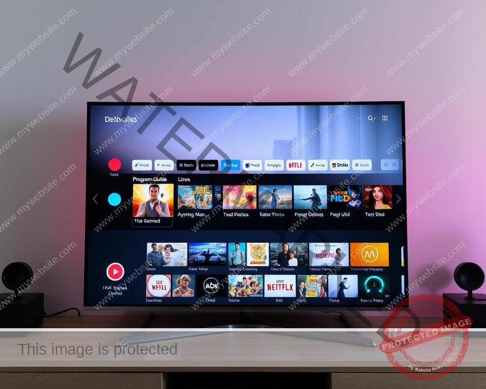 A high-definition IPTV interface with a sleek, modern design. The foreground features a clean, intuitive dashboard with crisp icons and vibrant colors, showcasing the user's personalized content selection. In the middle ground, a detailed program guide displays a wide range of live and on-demand channels, with seamless navigation and smooth transitions. The background encompasses a subtle, elegant gradient that creates a sense of depth and sophistication, complementing the overall interface. The lighting is natural and evenly distributed, highlighting the interface's clarity and responsiveness. The camera angle is slightly elevated, providing a comprehensive view of the user-friendly layout and the engaging multimedia experience. A high-definition IPTV interface with a sleek, modern design. The foreground features a clean, intuitive dashboard with crisp icons and vibrant colors, showcasing the user's personalized content selection. In the middle ground, a detailed program guide displays a wide range of live and on-demand channels, with seamless navigation and smooth transitions. The background encompasses a subtle, elegant gradient that creates a sense of depth and sophistication, complementing the overall interface. The lighting is natural and evenly distributed, highlighting the interface's clarity and responsiveness. The camera angle is slightly elevated, providing a comprehensive view of the user-friendly layout and the engaging multimedia experience.