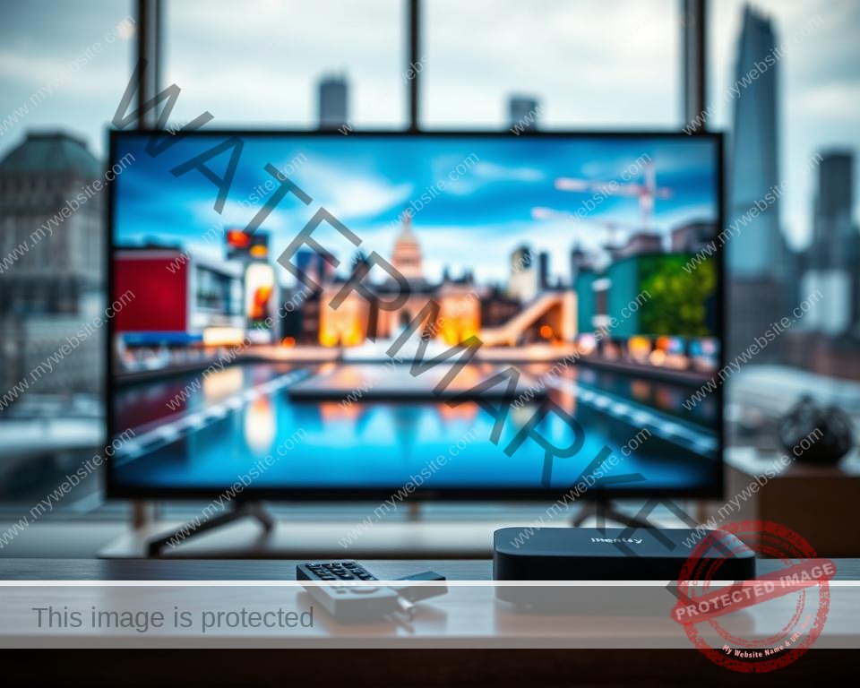 A high-definition digital display showcases the premium quality of IPTV streaming in the UK. In the foreground, a sleek, modern television set displays crystal-clear video with vibrant colors and deep contrast. Surrounding the screen, a minimalist black frame and a subtle glow of soft lighting create a sense of elevated sophistication. In the middle ground, a remote control and a streaming device hint at the seamless integration of technology. The background features a blurred cityscape, hinting at the boundless access to content and the convenience of on-demand viewing from the comfort of one's home.