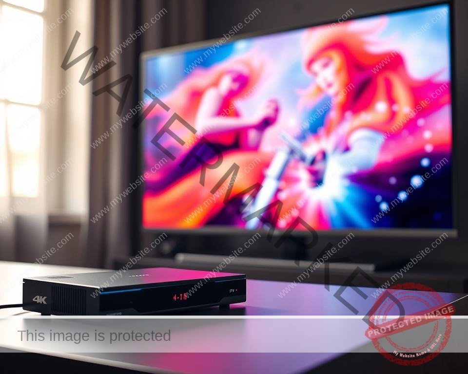 A high-quality 4K IPTV streaming setup, with a sleek black media player and a modern TV screen showcasing vibrant, crystal-clear video playback. Soft lighting from a side window casts a warm glow, accentuating the sharp details and smooth motion of the content. The scene exudes a sense of technological sophistication and immersive entertainment, capturing the seamless and reliable performance of a premium IPTV service.