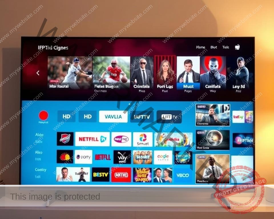 A high-quality IPTV service showcasing a diverse array of premium TV channels, with a clean and elegant user interface displayed on a sleek, modern smart TV. The screen shows a wide selection of HD channels spanning various genres, from live sports events to the latest blockbuster movies, all rendered with exceptional clarity and vibrant colors. The scene is lit with a warm, ambient glow, creating a sophisticated and inviting atmosphere for the discerning viewer to immerse themselves in a premium entertainment experience.