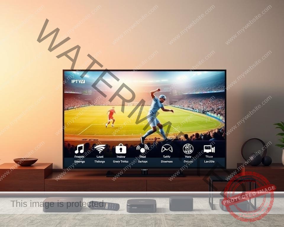 A high-quality IPTV service with a sleek, modern interface and crisp, high-definition video playback. The foreground features a large smart TV displaying a vibrant, crystal-clear image of a live sports event, surrounded by a minimalist, streamlined control panel. The middle ground showcases various streaming device icons, each representing seamless connectivity and compatibility across platforms. In the background, a subtle, gradient-based city skyline creates a sense of urban sophistication, complementing the advanced technological theme. Warm, natural lighting casts a gentle glow, enhancing the overall premium quality and performance of the IPTV service.