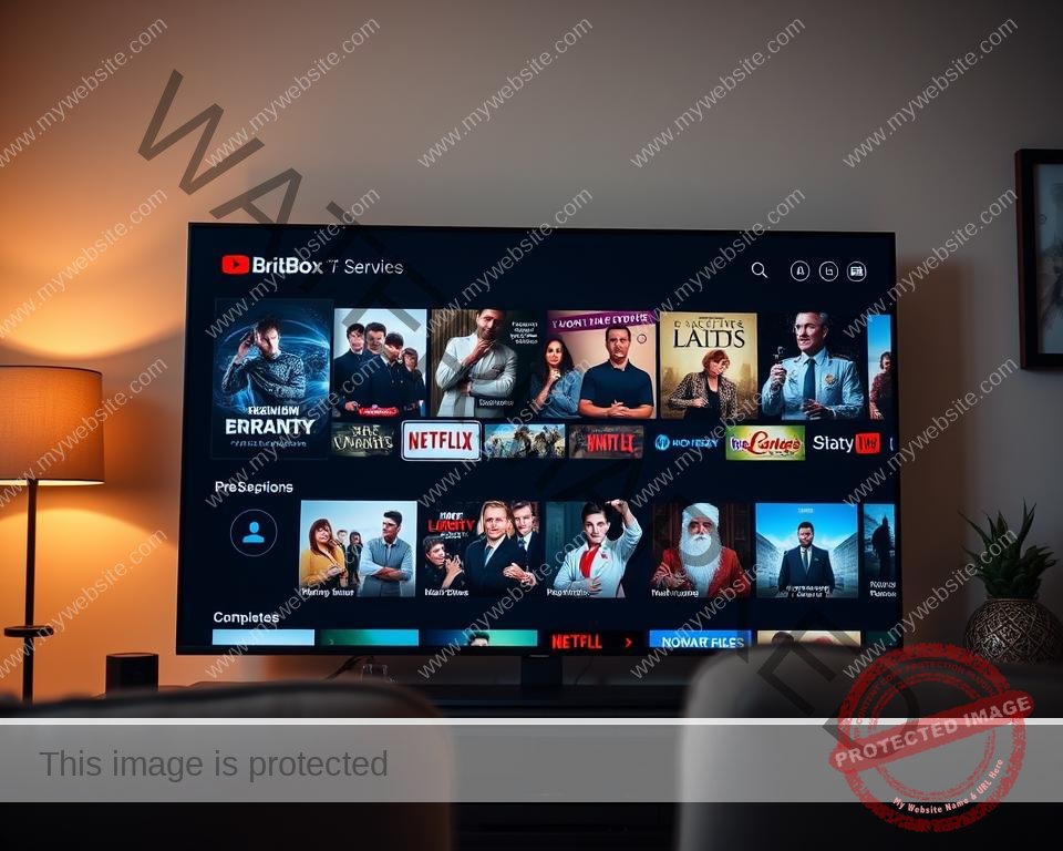 A high-quality, cinematic image of a modern IPTV service interface showcasing a selection of premium British TV content from BritBox. The interface features a sleek, dark user interface with vibrant, colorful thumbnails and icons highlighting various TV shows, movies, and other media from the BritBox catalog. The scene is lit by a warm, soft light, creating a cozy, immersive atmosphere. The camera angle is slightly elevated, providing a clear, unobstructed view of the interface. The overall composition is balanced and visually appealing, effectively conveying the idea of a premium, content-focused IPTV service catering to UK viewers. A high-quality, cinematic image of a modern IPTV service interface showcasing a selection of premium British TV content from BritBox. The interface features a sleek, dark user interface with vibrant, colorful thumbnails and icons highlighting various TV shows, movies, and other media from the BritBox catalog. The scene is lit by a warm, soft light, creating a cozy, immersive atmosphere. The camera angle is slightly elevated, providing a clear, unobstructed view of the interface. The overall composition is balanced and visually appealing, effectively conveying the idea of a premium, content-focused IPTV service catering to UK viewers.