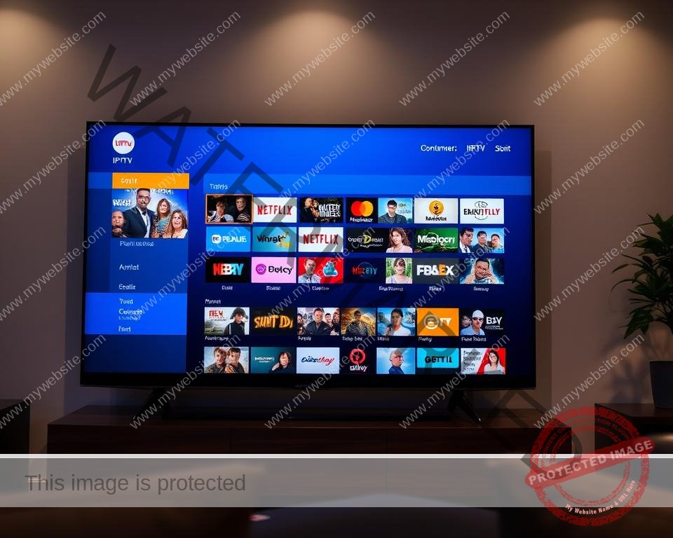 A high-quality, detailed IPTV channel lineup displayed on a sleek, modern TV screen. The screen is positioned in a well-lit living room setting, with soft, directional lighting creating depth and highlighting the on-screen content. The channel lineup is presented in a clean, organized grid layout, showcasing a wide variety of entertainment options across different genres and categories. The overall scene conveys a sense of focus, clarity, and an effortless, premium streaming experience. A high-quality, detailed IPTV channel lineup displayed on a sleek, modern TV screen. The screen is positioned in a well-lit living room setting, with soft, directional lighting creating depth and highlighting the on-screen content. The channel lineup is presented in a clean, organized grid layout, showcasing a wide variety of entertainment options across different genres and categories. The overall scene conveys a sense of focus, clarity, and an effortless, premium streaming experience.
