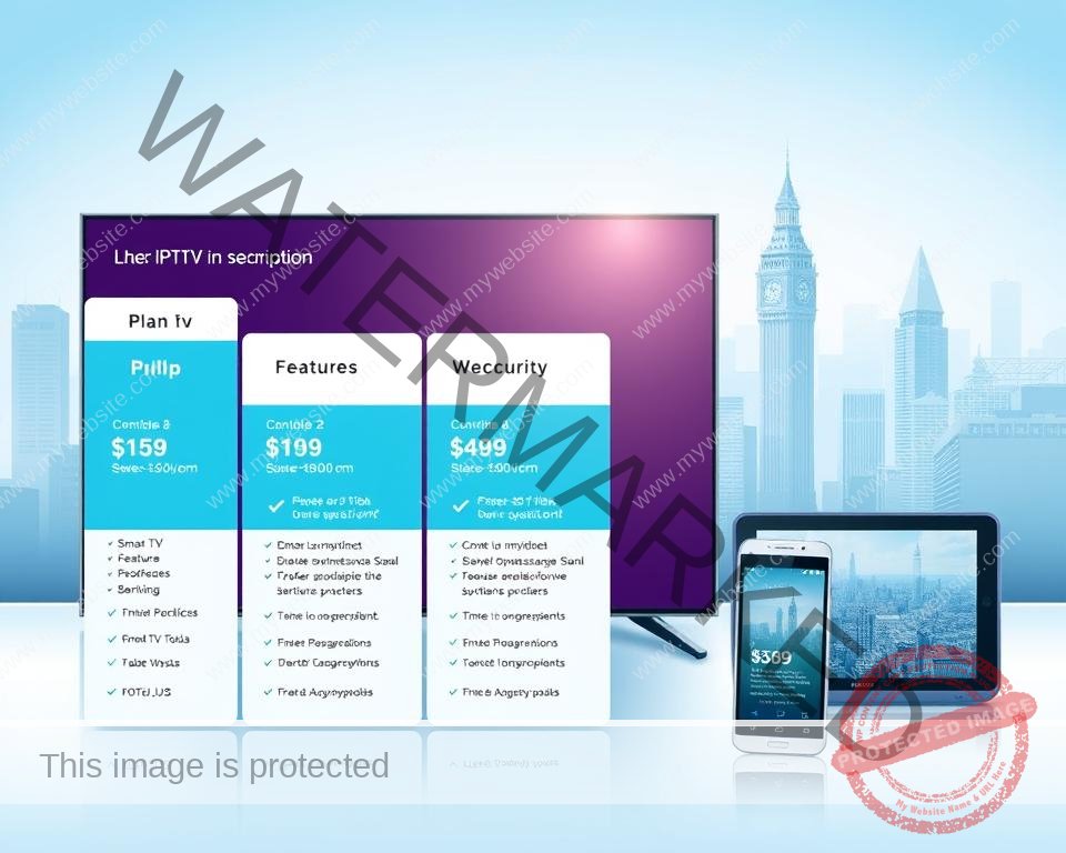 A high-quality, detailed illustration of UK IPTV subscription plans. The foreground features a sleek, modern interface displaying different plan options with pricing, features, and benefits. The middle ground showcases various devices (smart TV, smartphone, tablet) accessing the IPTV service, highlighting its cross-platform accessibility. The background depicts a cityscape of the UK, representing the domestic market. The lighting is bright and crisp, with a cool color palette to convey a professional, trustworthy atmosphere. The composition emphasizes the value proposition of the IPTV plans through clear, legible information and visually engaging imagery.