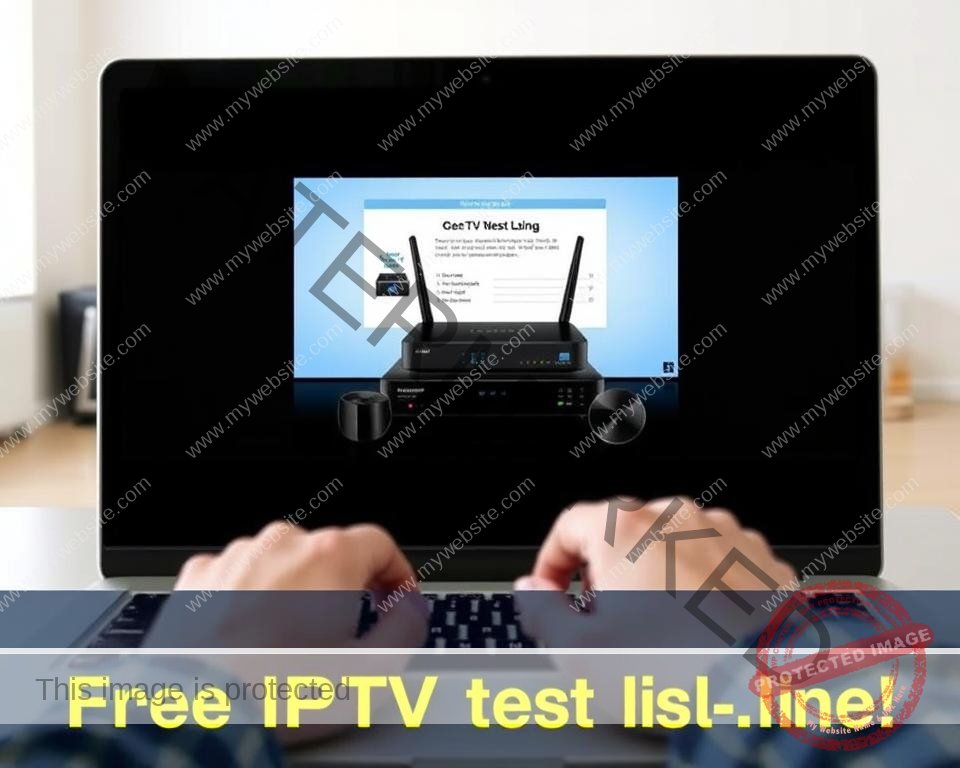 A high-quality, detailed image of a step-by-step tutorial for setting up a free IPTV test line in the UK. The foreground shows a person's hands operating a laptop, with the screen displaying the IPTV setup process. The middle ground features various networking devices such as a router, modem, and set-top box. The background has a clean, minimalist office or home interior setting, with neutral-toned walls and natural lighting coming in from a window. The image conveys a sense of ease and simplicity in the setup process, encouraging the viewer to try out the free IPTV test line.