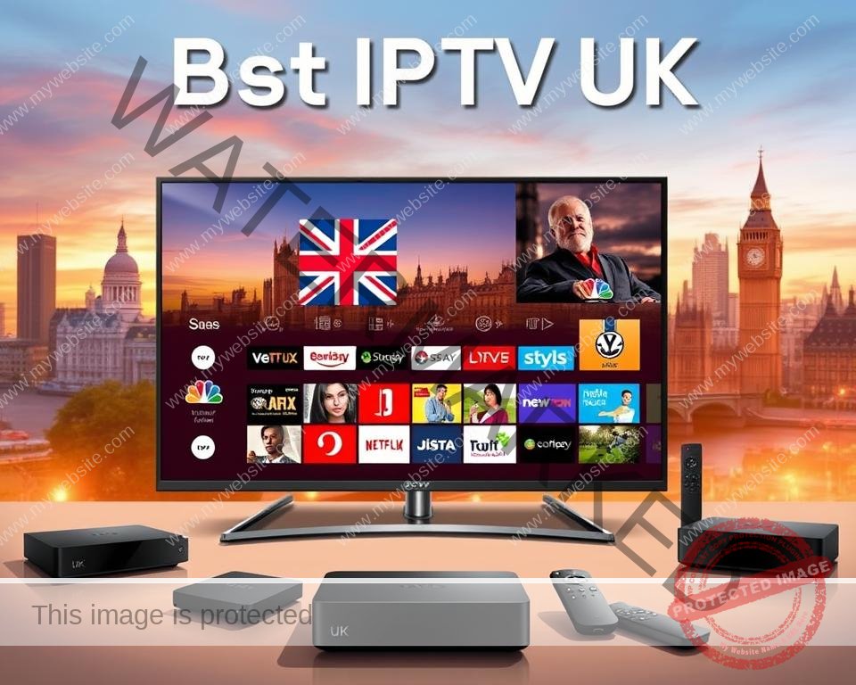 A high-quality digital illustration of "Best IPTV UK" featuring a sleek, modern TV set in the foreground, displaying a vibrant array of popular UK television channels. The TV is surrounded by various streaming devices and remote controls, all rendered in a clean, minimalist style with a focus on usability and accessibility. The background showcases a cityscape of London landmarks, bathed in a warm, golden hour lighting that creates a sense of comfort and reliability. The overall composition conveys the idea of a comprehensive and reliable IPTV service that provides the best value for UK-based viewers.