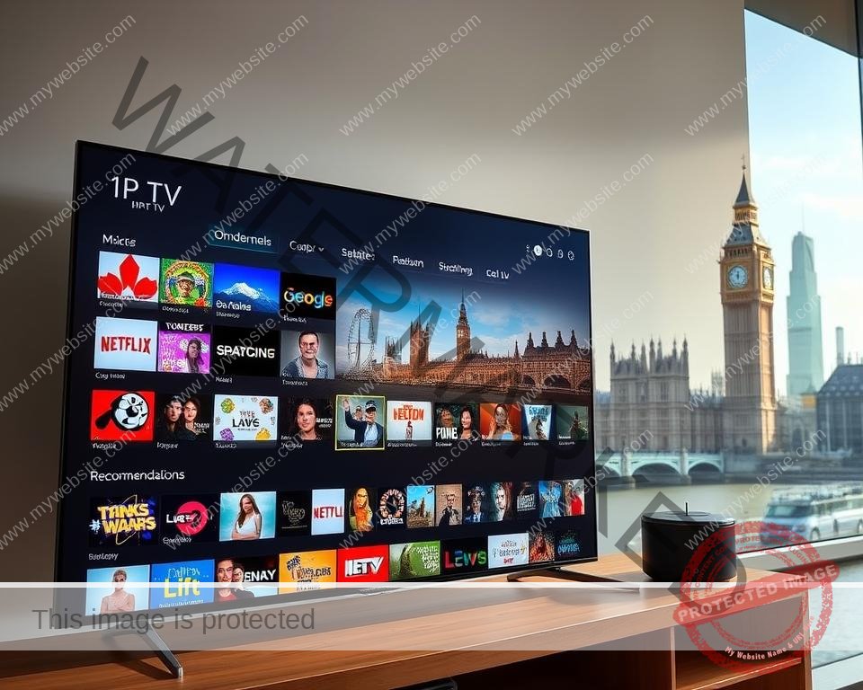 A high-quality image depicting a comprehensive IPTV content library in the UK. The foreground features a sleek, modern IPTV interface showcasing a diverse selection of live TV channels, on-demand movies, TV shows, and other media content. The middle ground presents neatly organized content categories and recommendations tailored to the user's preferences. The background depicts the iconic landmarks of the UK skyline, conveying a sense of locality and the availability of locally relevant programming. The lighting is soft and natural, creating a warm and inviting atmosphere. The overall composition is visually striking, highlighting the breadth and depth of the IPTV service's content offerings.
