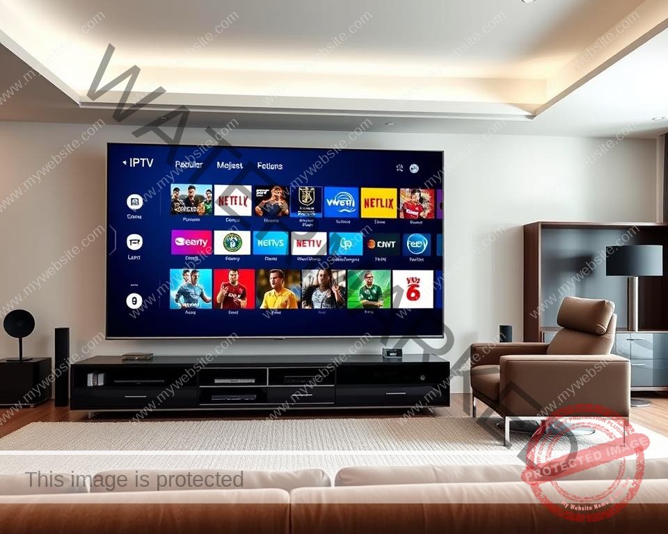 A high-quality, photorealistic image of a living room setup with a large flatscreen TV displaying an array of popular UK IPTV channels. The TV is positioned prominently in the foreground, surrounded by sleek, modern home entertainment furniture. The middle ground features a cozy sofa and armchair, creating a comfortable viewing experience. The background showcases a minimalist, well-lit interior design with neutral tones and clean lines, emphasizing the premium, high-tech nature of the IPTV system. The lighting is soft and natural, accentuating the clarity and vibrancy of the TV display. The overall scene conveys a sense of elevated, immersive home entertainment.