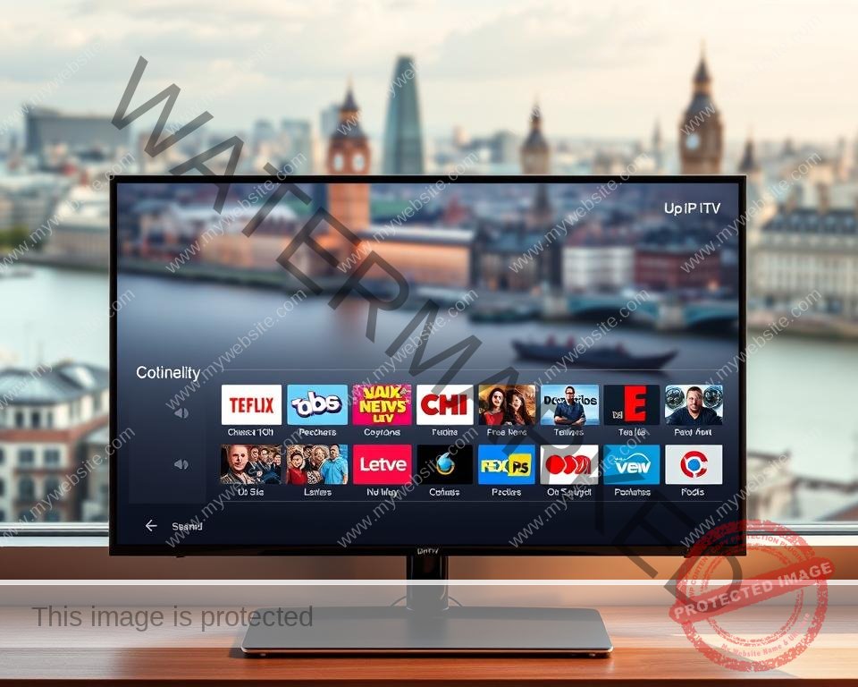 A high-quality, photorealistic image of a sleek, modern IPTV interface showcasing a variety of UK television channels. The foreground features a stylish, minimalist on-screen display with crisp, vibrant channel logos and thumbnails. The middle ground depicts a range of genre-specific channel categories, elegantly arranged in a grid layout. In the background, a soft, out-of-focus cityscape of London's iconic landmarks creates a sense of place. The overall scene is bathed in warm, natural lighting, conveying a welcoming and user-friendly ambiance. The composition and color palette are designed to highlight the clean, intuitive, and visually appealing nature of the IPTV user experience.