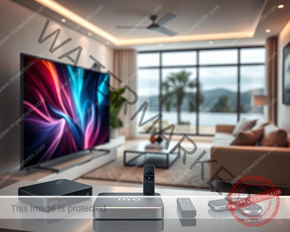 A high-quality, professional photograph of the benefits of a premium IPTV UK service. In the foreground, a sleek, modern smart TV displaying a vivid, high-definition image. In the middle ground, various streaming devices such as a set-top box, dongle, and mobile device, showcasing the diverse compatibility. The background features a clean, minimalist living room setting with modern furnishings, subtle lighting, and a large window overlooking a scenic outdoor view. The overall mood is one of sophistication, technology, and the seamless integration of premium entertainment into the home environment.