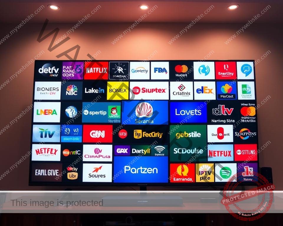 A high-quality, realistic digital illustration depicting the top features of premium IPTV services in the UK. The image should showcase a vibrant array of popular UK television channels, presented in a visually engaging and aesthetically pleasing manner. The channels should be prominently displayed, with a focus on their logos, branding, and channel information. The overall composition should convey a sense of professionalism, quality, and the elevated streaming experience offered by premium IPTV services. The lighting should be soft and directional, creating depth and dimensionality. The image should be captured from a slightly elevated angle, allowing for a comprehensive view of the channel lineup. The color palette should be rich and vivid, reflecting the vibrant nature of the UK's television landscape.