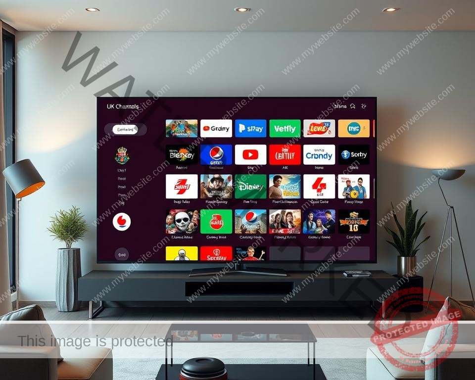 A high-quality, realistic image of a modern IPTV service interface showcasing various UK television channels. The interface is presented on a large, sleek display in a contemporary living room setting. The channels are organized neatly in a grid layout, with clear icons and crisp, vibrant visuals. Subtle lighting from floor lamps and a large window creates a warm, inviting atmosphere. The room features minimalist furniture and decor, allowing the IPTV interface to be the central focus. The overall scene conveys a sense of comfort, technology, and entertainment, reflecting the premium nature of the IPTV service.