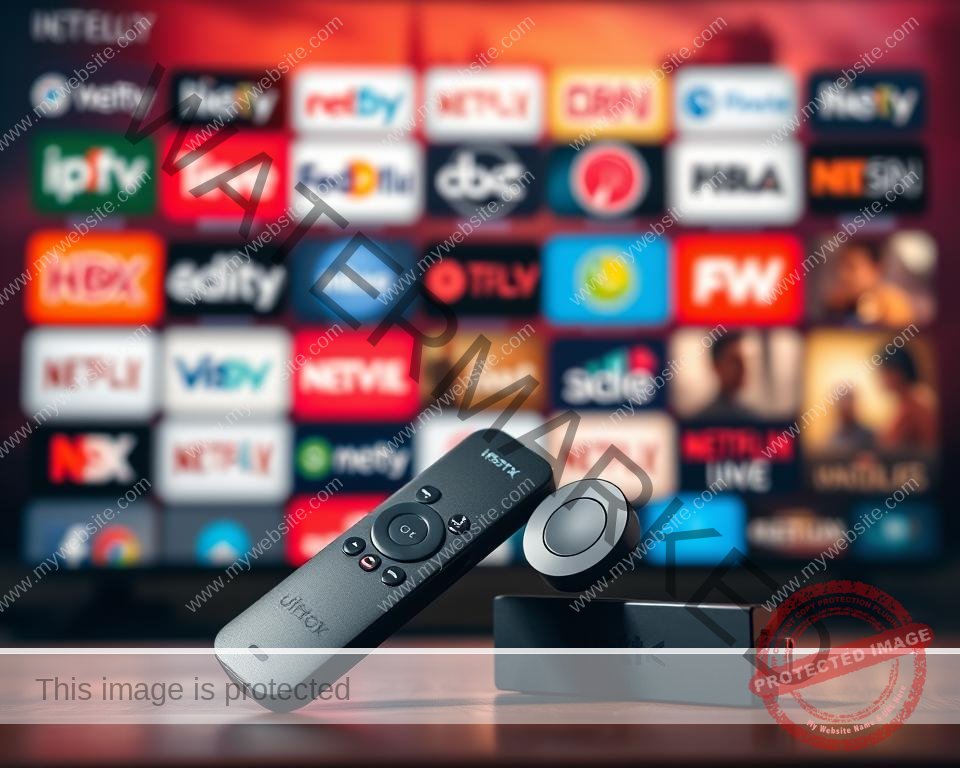 A high-quality, realistic image of an IPTV service for a Firestick device in the UK. The foreground shows a Firestick remote control and a Firestick device against a blurred background of various IPTV channel logos and content thumbnails. The Firestick device is positioned prominently, with a warm, soft lighting highlighting its sleek design. The background has a subtle gradient, creating a sense of depth and professionalism. The overall mood is one of premium entertainment and seamless streaming, reflecting the high-quality IPTV service for Firestick users in the UK.