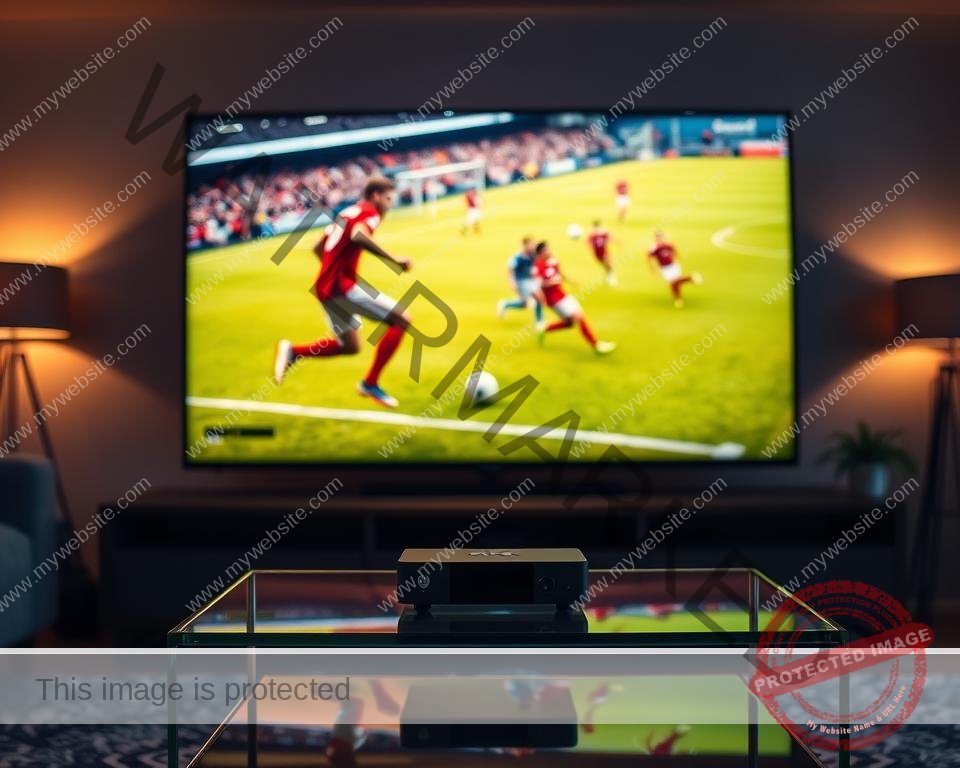 A high-quality sports streaming experience, showcased in a sleek and modern display. The foreground features a large 4K television with a vibrant, high-contrast image of a live soccer match. The screen is surrounded by subtle lighting effects, creating a sense of depth and immersion. In the middle ground, a high-end media streaming device rests on a minimalist entertainment stand, its clean design complementing the overall aesthetic. The background depicts a cozy, yet sophisticated living room setting, with warm lighting and subtle decor elements that evoke a premium, cinematic atmosphere. The overall scene conveys a sense of effortless, top-tier sports viewing, catering to the discerning tastes of the modern sports enthusiast.