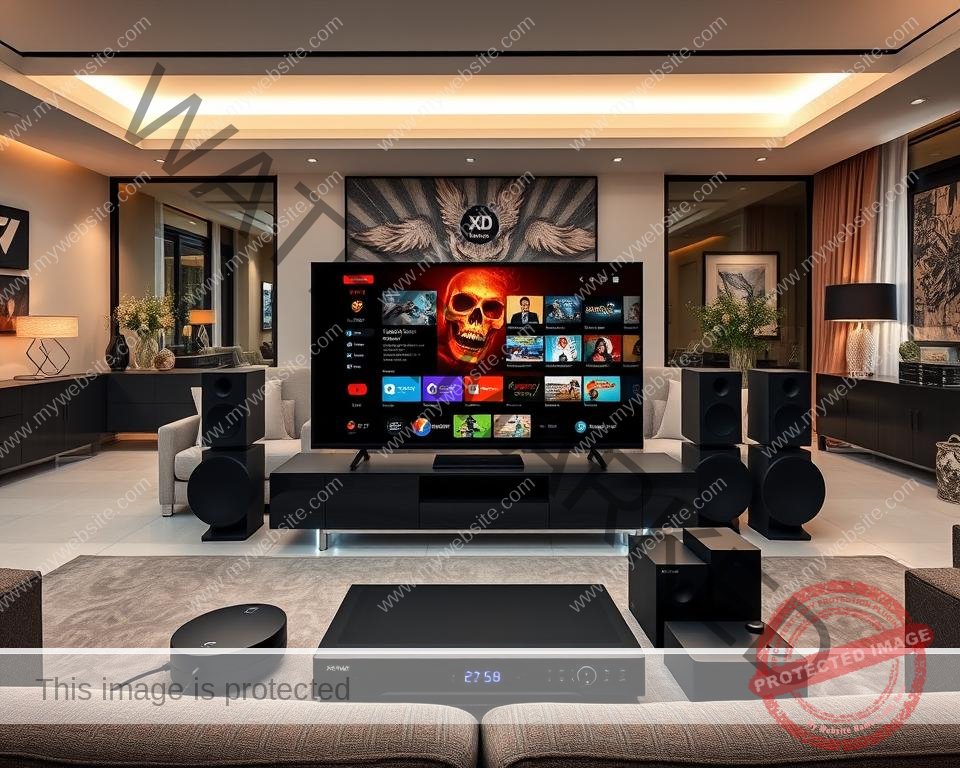 A high-quality, ultra-detailed, 8K, wide-angle photograph of an elegant and modern home entertainment setup showcasing the comprehensive features of Xtreme HD UK IPTV. In the foreground, a sleek black TV displays a vibrant, high-definition streaming interface. Surrounding it, various peripheral devices like a state-of-the-art media player, a sophisticated voice control assistant, and a surround sound system with premium speakers. In the middle ground, a minimalist entertainment console holds the components, complemented by ambient lighting and modern decor. The background features a spacious, stylishly decorated living room with large windows providing natural illumination. Overall, the scene conveys a luxurious, technologically advanced, and immersive home entertainment experience.