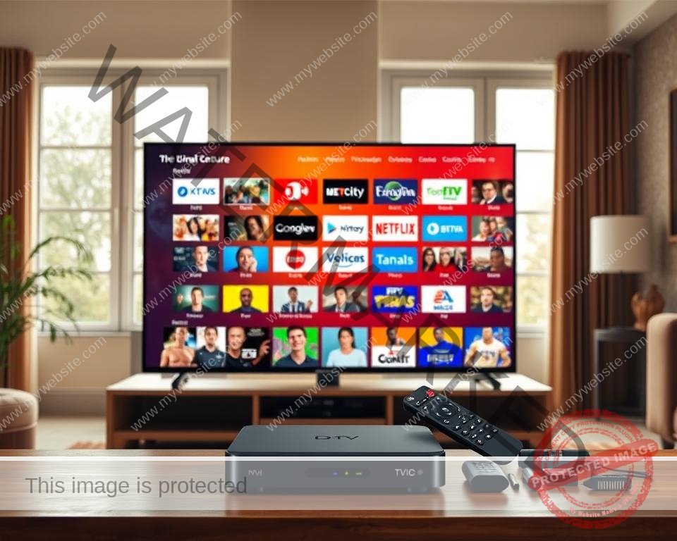 A high-quality, ultra-detailed image showcasing the key features of the Xtreme HD IPTV service. Set in a warm, inviting living room, the foreground depicts a modern smart TV displaying a vibrant, crystal-clear IPTV interface with a vast selection of live channels, on-demand content, and intuitive controls. In the middle ground, a sleek IPTV set-top box, remote control, and other accessories are neatly arranged, highlighting the service's user-friendly technology. The background features large windows letting in soft, natural lighting, creating a cozy, immersive atmosphere. The overall scene conveys the seamless, high-end entertainment experience promised by the Xtreme HD IPTV bundle.