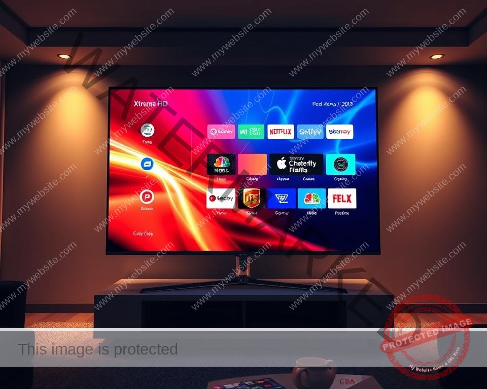 A high-resolution image of a sleek, modern television displaying the "Xtreme HD IPTV test package" interface. The screen is illuminated with vibrant, lifelike colors and sharp, detailed graphics. The television is positioned on a minimalist, chrome-finished stand against a backdrop of a dimly lit, contemporary living room. Soft, directional lighting from concealed sources casts a warm, inviting glow, creating a sense of premium quality and technological sophistication. The overall composition emphasizes the clarity and immersive viewing experience of the "Xtreme HD IPTV test package", reflecting its potential to deliver an exceptional home entertainment experience.