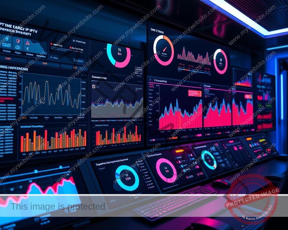 A high-tech control panel displaying real-time analytics of a cutting-edge IPTV streaming service. Sleek, minimalist interfaces with vibrant neon-like color accents, crisp data visualizations, and smooth animated metrics tracking optimal bandwidth, low latency, and superior picture quality. The scene is bathed in a cool, futuristic glow, creating an atmosphere of efficiency and technological prowess. The camera angle is slightly elevated, giving a bird's-eye view of the meticulously organized dashboard, conveying a sense of authority and expertise in the IPTV industry.