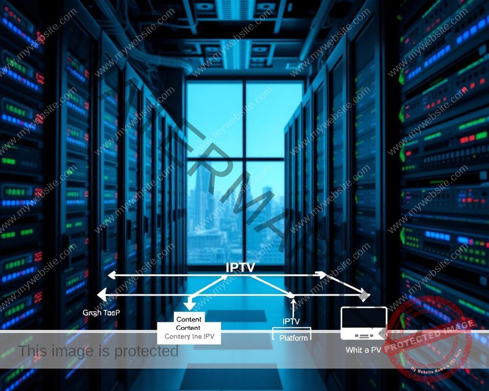 A high-tech data center with rows of server racks, network switches, and blinking LED lights. In the foreground, a diagram illustrates the IPTV content delivery pipeline, with arrows depicting the flow of data from content providers, to the IPTV platform, and ultimately to end-user devices. The background features a city skyline visible through large windows, conveying a sense of scale and connectivity. The lighting is cool and industrial, with a slight haze to create depth and atmosphere. The overall scene emphasizes the complex technical infrastructure that powers modern IPTV services.