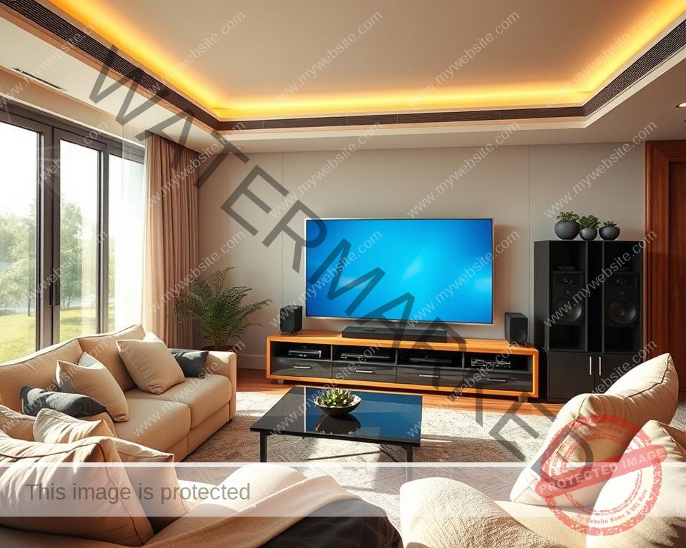 A high-tech living room with a large flat-screen TV displaying crystal-clear IPTV content, surrounded by a modern entertainment system with sleek components. Plush, comfortable seating with cozy lighting creates an inviting atmosphere. The room has clean, minimalist decor with neutral tones and natural wood accents, exuding a sense of tranquility. The TV screen shows a vivid, uninterrupted image, hinting at the superior performance of this IPTV service without any buffering or delays. Sunlight streams in through large windows, bathing the room in a warm, natural glow and emphasizing the clarity of the IPTV picture. An aura of sophistication and technological advancement pervades the scene.