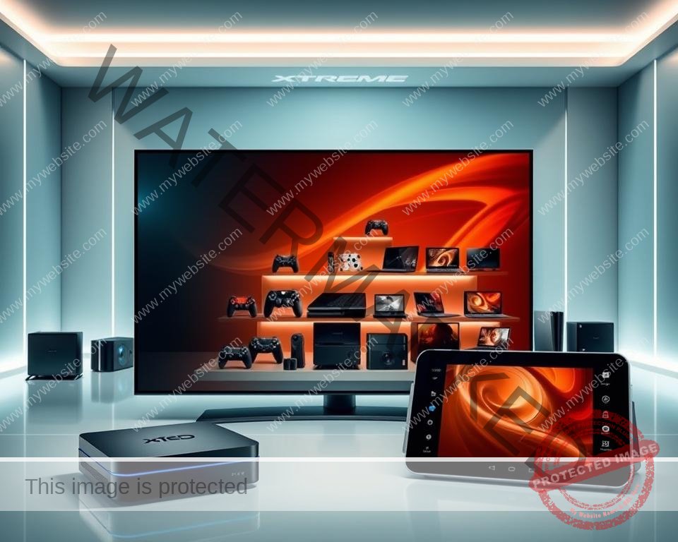 A high-tech, well-lit display showcasing the compatible devices for Xtreme HD IPTV. In the foreground, a sleek, modern smart TV, a state-of-the-art streaming box, and a handheld tablet, all arranged in a visually appealing composition. In the middle ground, various other compatible devices such as gaming consoles, laptops, and smartphones, neatly organized to demonstrate the wide range of compatibility. The background features a minimalist, tech-inspired environment with clean lines and subtle gradients, creating a sense of sophistication and high-end technology. The lighting is soft and directional, highlighting the devices and creating a sense of depth and dimension. The overall tone is one of advanced, high-quality entertainment technology that seamlessly integrates with Xtreme HD IPTV.
