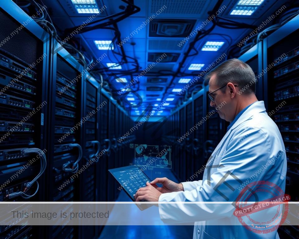 A massive cloud-based data center, housing rows of sleek black servers and networking equipment. The space is bathed in a cool blue glow, illuminated by subtle recessed lighting that casts dramatic shadows. Cables and fiber optic lines snake between the racks, creating a complex web of interconnectivity. In the foreground, a technician in a crisp white lab coat monitors a series of holographic displays, adjusting parameters with precision. The atmosphere is one of cutting-edge technology and reliable infrastructure, designed to deliver a premium IPTV UK service experience.