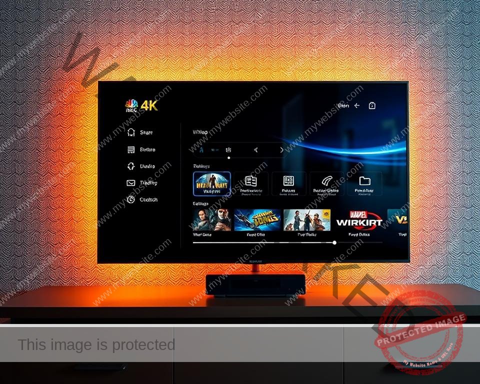 A meticulously detailed streaming service interface, showcasing a sharp 4K IPTV video player with adjustable bitrate settings, a responsive UI, and smooth playback. The screen is illuminated by warm, cinematic lighting that casts a soft glow, creating an inviting and immersive viewing experience. The background features a subtle, textured pattern reminiscent of high-end home entertainment systems, complementing the sleek, modern aesthetic. The overall composition conveys a sense of premium quality, reliable performance, and the pinnacle of television entertainment.
